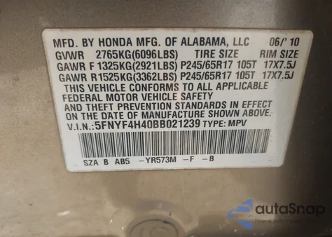 2011 Honda Pilot Ex from USA, damaged, VIN 5FNYF4H40BB021239